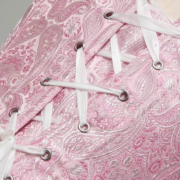 Women First Pink-plastic Bones Victorian Vintage Brocade Lace Up Overbust Corset - Picture 4 of 6